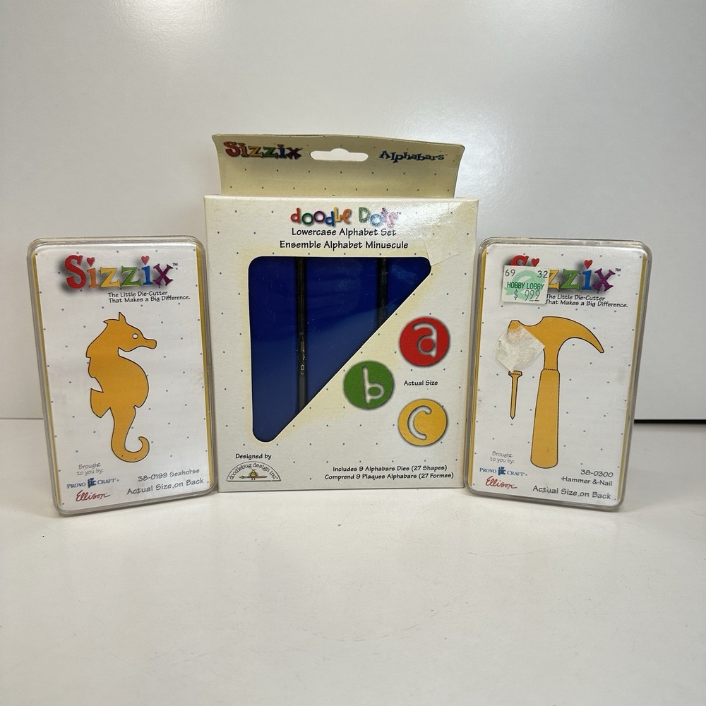 Sizzix Lot of 3 for Die Cutter Alphabet Doodle Dots Lower Case Hammer Seahorse